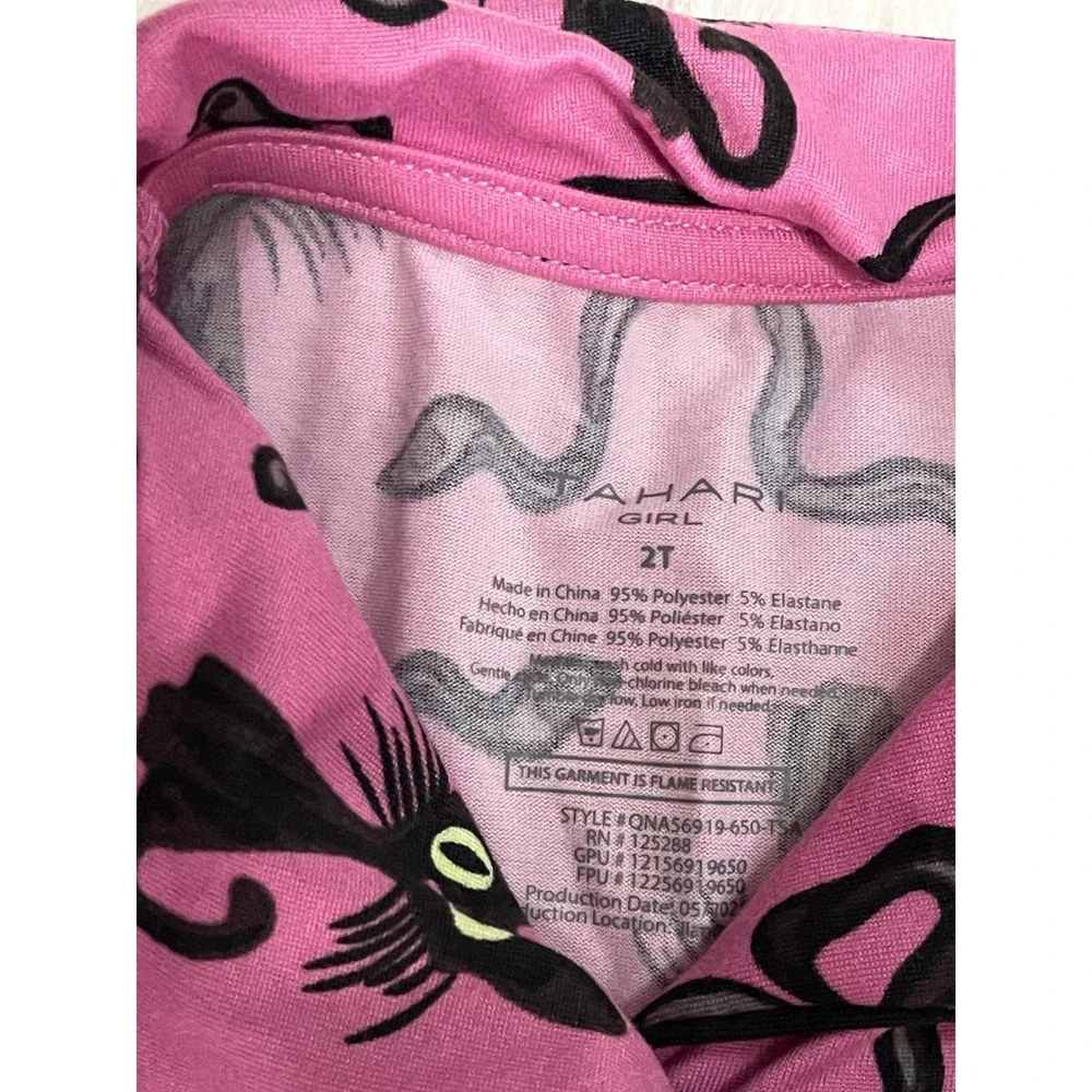 Pink Tahari Girl Toddler Pajama Set Black Cat Ribbon Bow With Bow Ties Down 2T